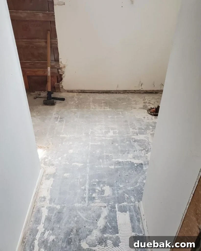 Our Single Bathroom Transformation: Before and After 4 The bathroom during demolition, with the shower and tub removed.