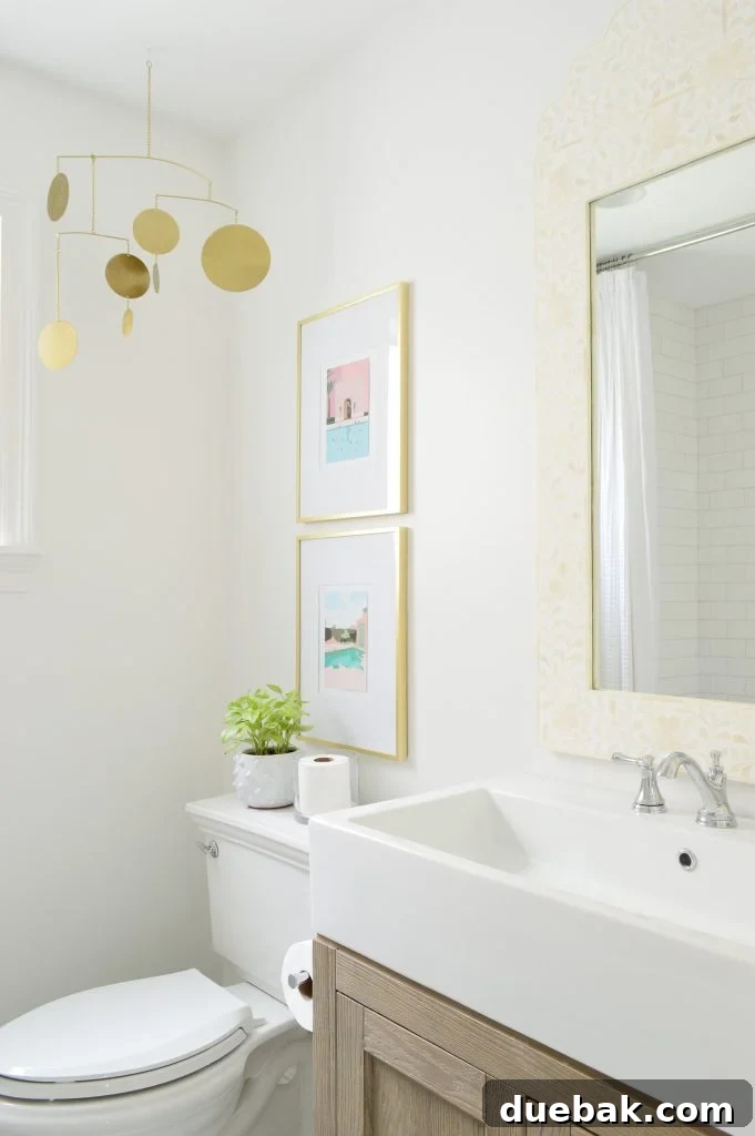 Our Single Bathroom Transformation: Before and After 6 A modern bathroom vanity with a wide basin sink, gold framed art, and a small plant.