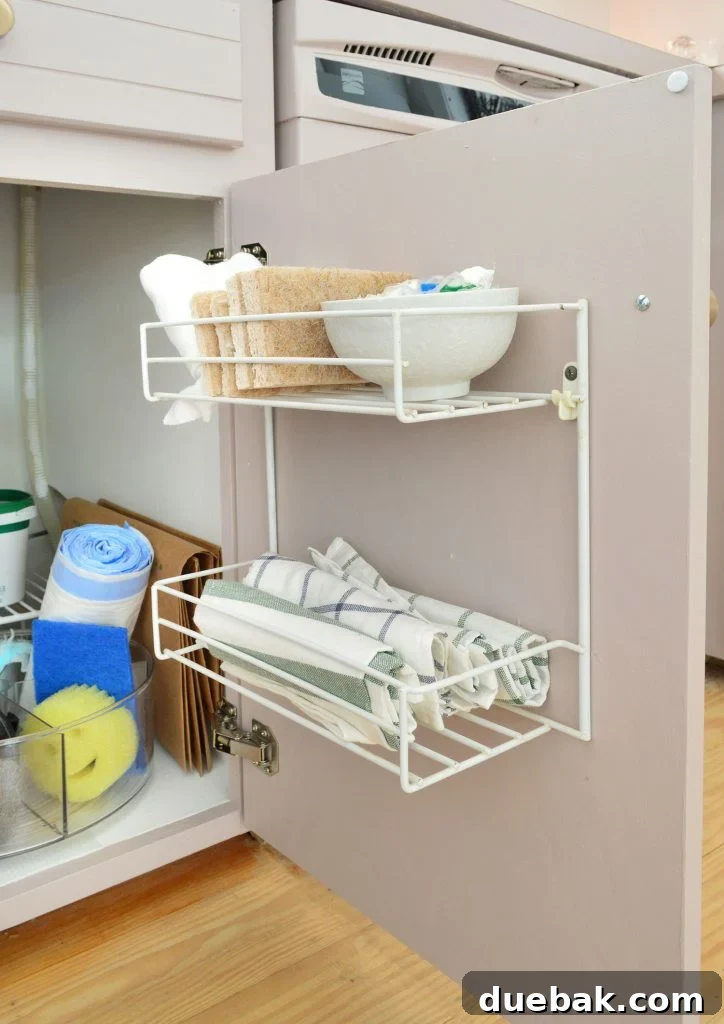 Back of cabinet door with two wire organizers for cleaning supplies