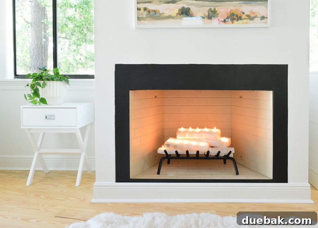 Crafting a Selenite Crystal Fireplace 16 Straight shot of fireplace with crystal logs lit