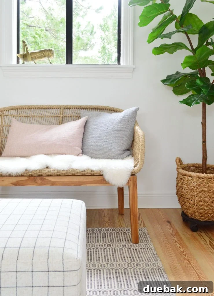 Installing Serena & Lily's Statement Chandelier 10 Front View Of Woven Bench With Fluffy Base Pillows And Fig Tree, showing the comfortable texture and decorative elements.