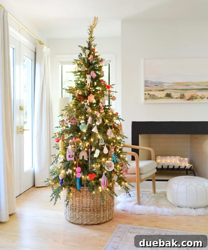 Woven Basket At Base Of Christmas Tree With Colorful Ornaments