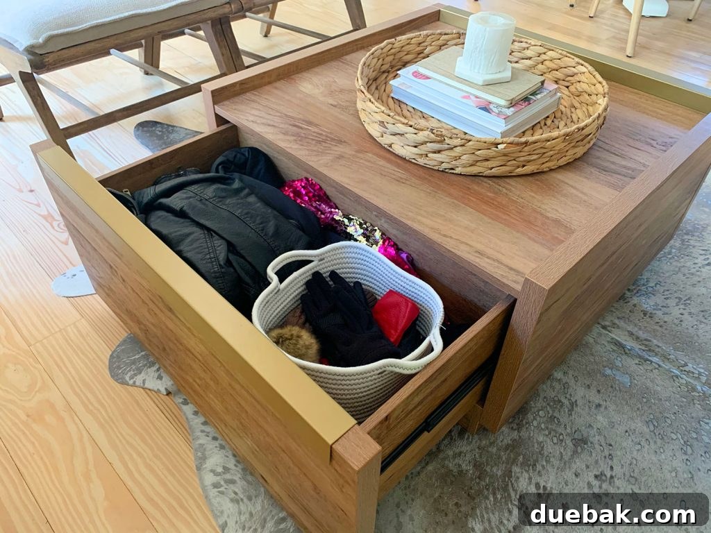 Stylish wood coffee table with large, deep drawers in the sitting area
