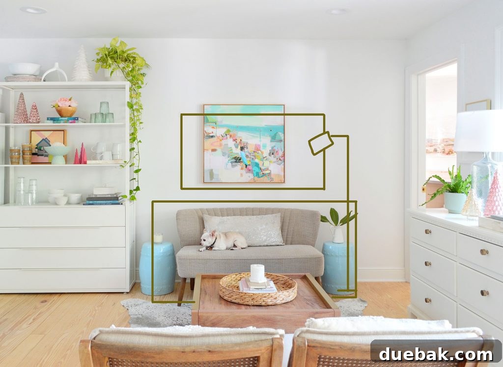 Seating area with a floor lamp, larger art, and a more substantial settee photoshopped into the image, demonstrating future design possibilities