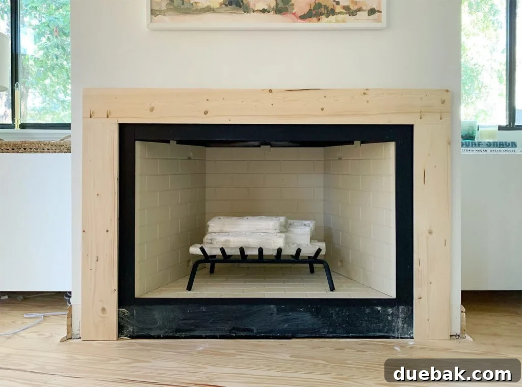 Mantel Brace Piece Made Of Raw Wood Surrounding Fireplace On 3 Sides
