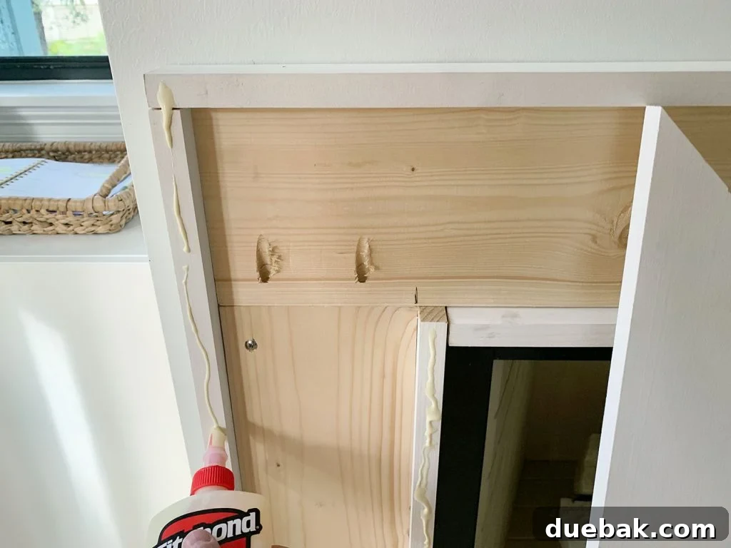 Wood Glue Squeezed Onto Brace Piece To Help Secure Face Pieces