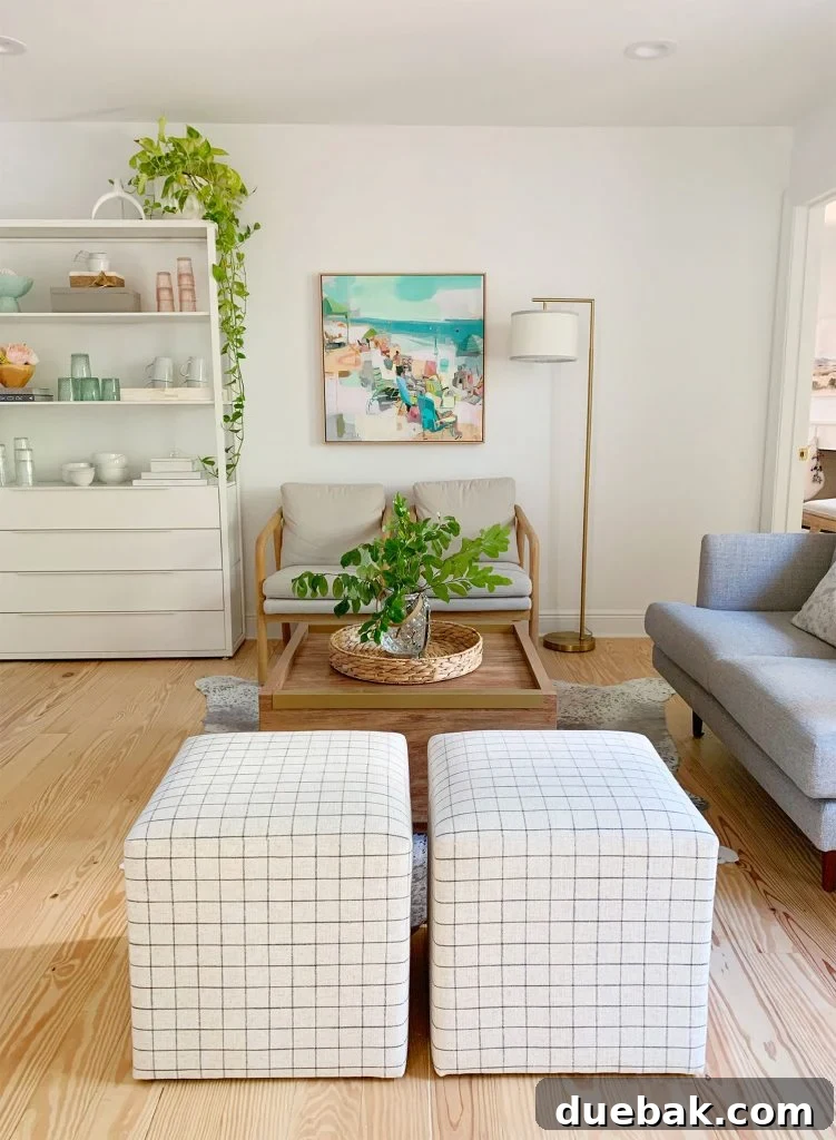 Intimate Comfort: Your Sitting Room Loveseat 16 Straight view of sitting area with two plaid ottomans in foreground
