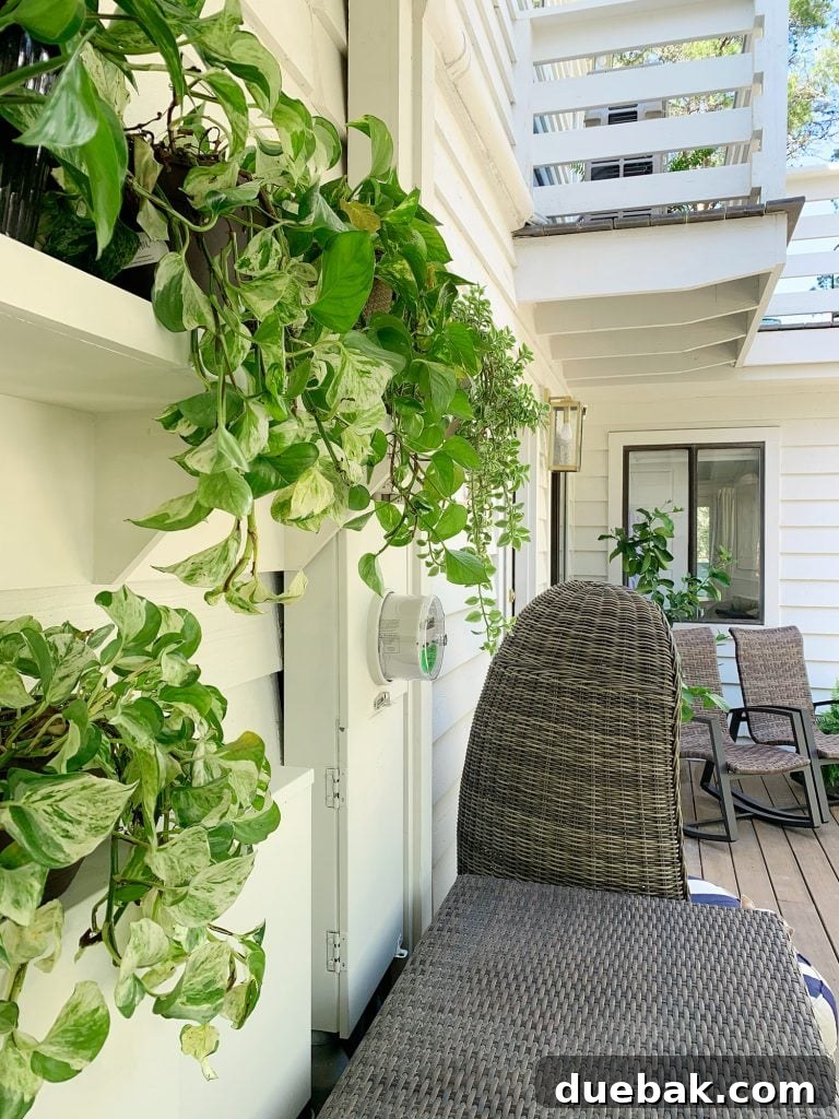 Side view of a tastefully designed plant shelf effectively concealing electrical boxes on a front porch
