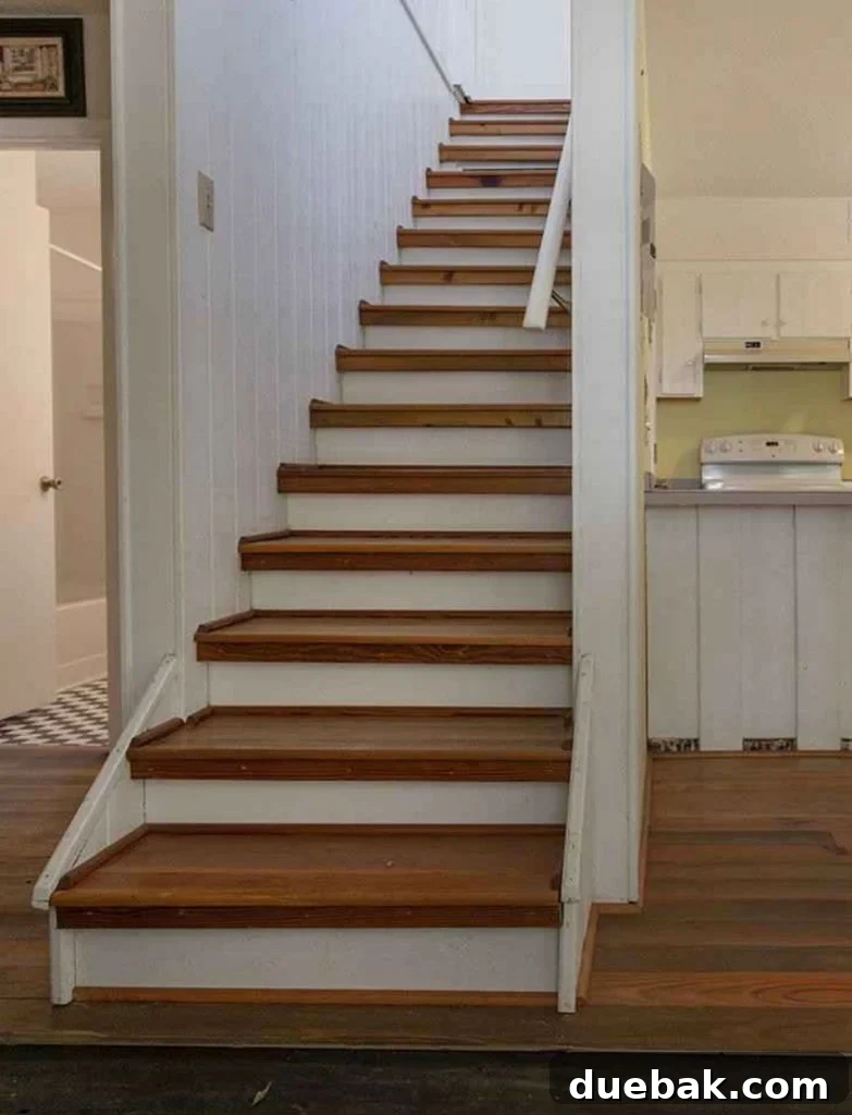 Before View of Wooden Staircase with Vertical Planking