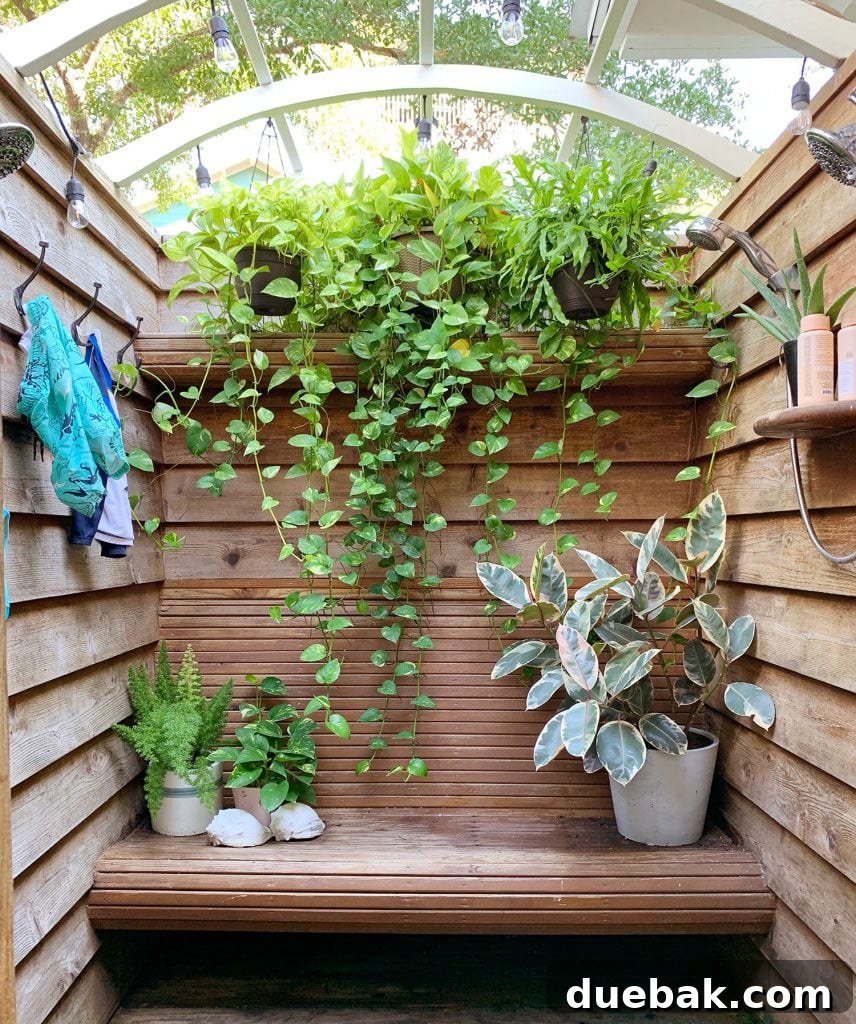 Wood Outdoor Shower With Cascading Planters And Bench