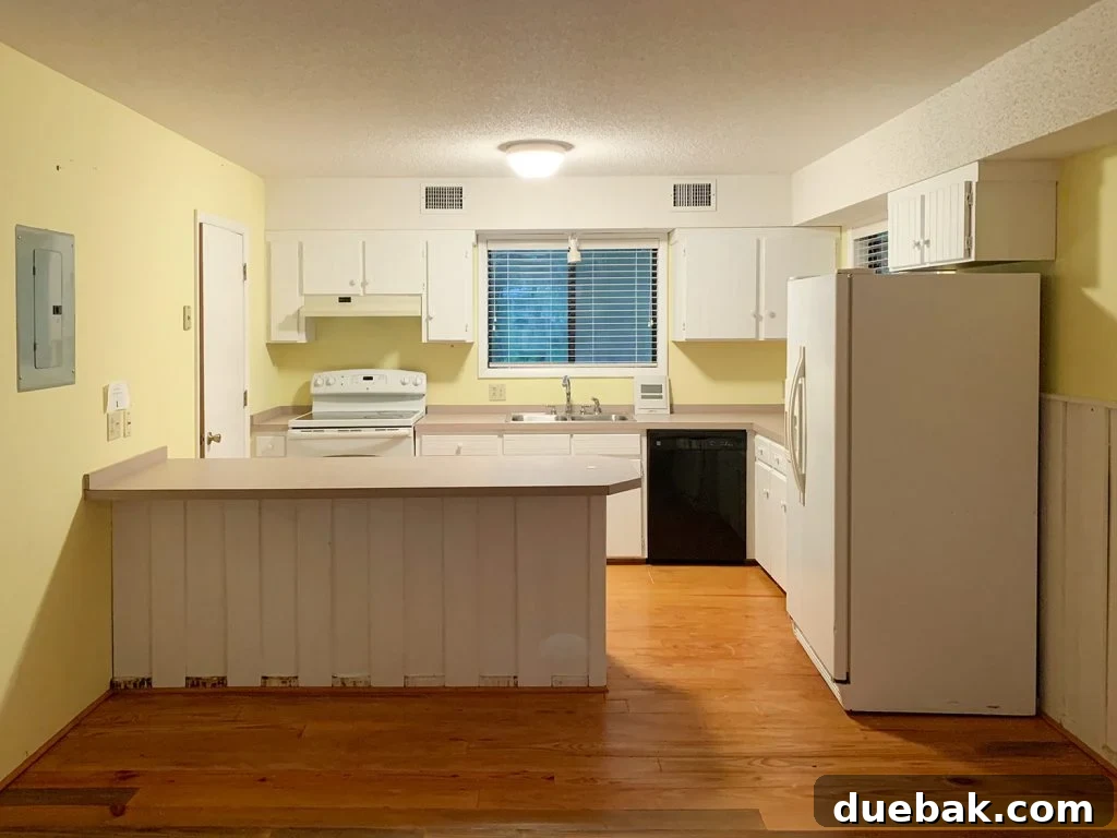 Before Kitchen View with Old Cabinets and Popcorn Ceiling