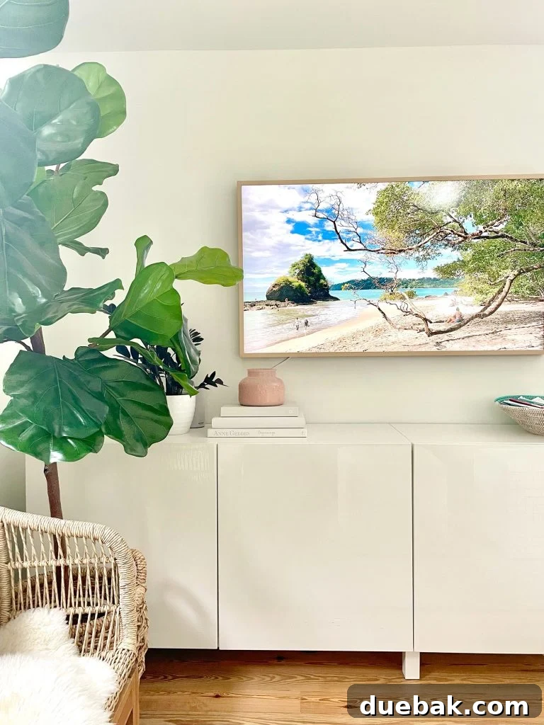Samsung Frame TV Over Ikea Besta Console In Modern Family Room With Faux Fig Tree