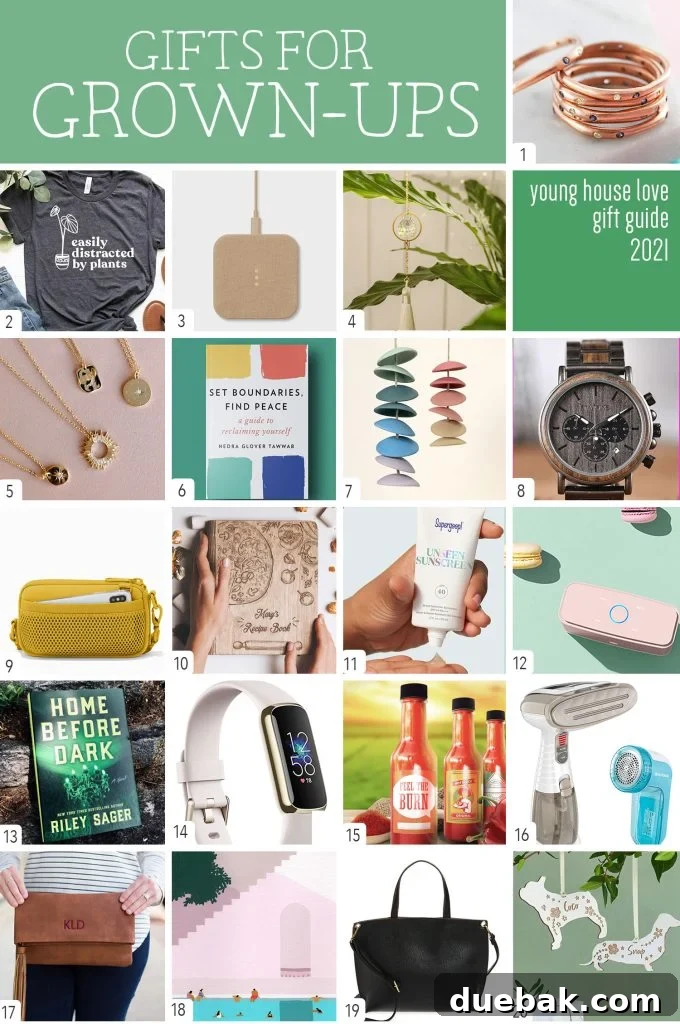 A collage of various gift ideas specifically for adults, featuring jewelry, books, home decor, and fashion accessories.