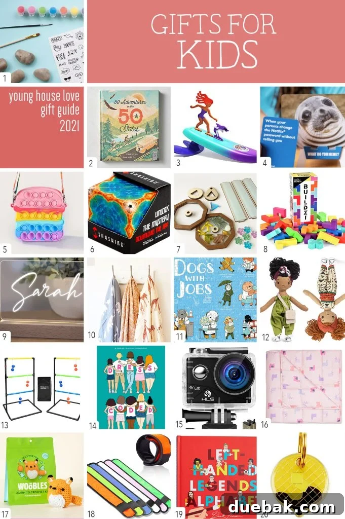 A collage featuring various colorful and engaging gift ideas for children, including toys, books, and craft kits.