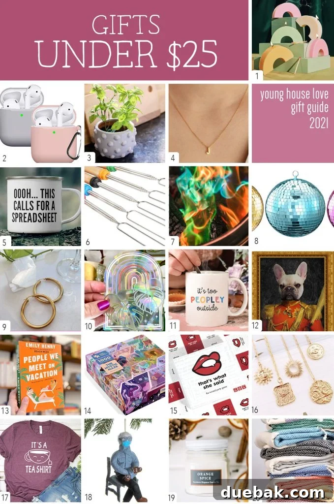 A collage of diverse gift ideas, all priced under $25, featuring small home goods, personalized items, and fun novelties.
