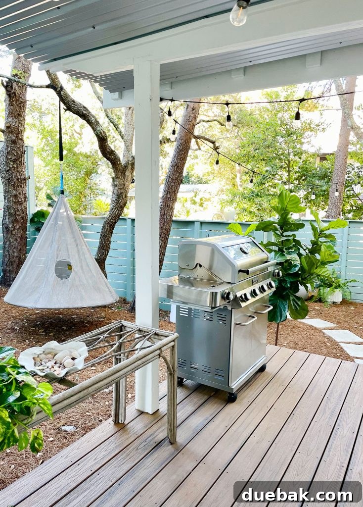 A captivating view of the side yard, featuring a whimsical hanging tent swing and a sleek outdoor grill