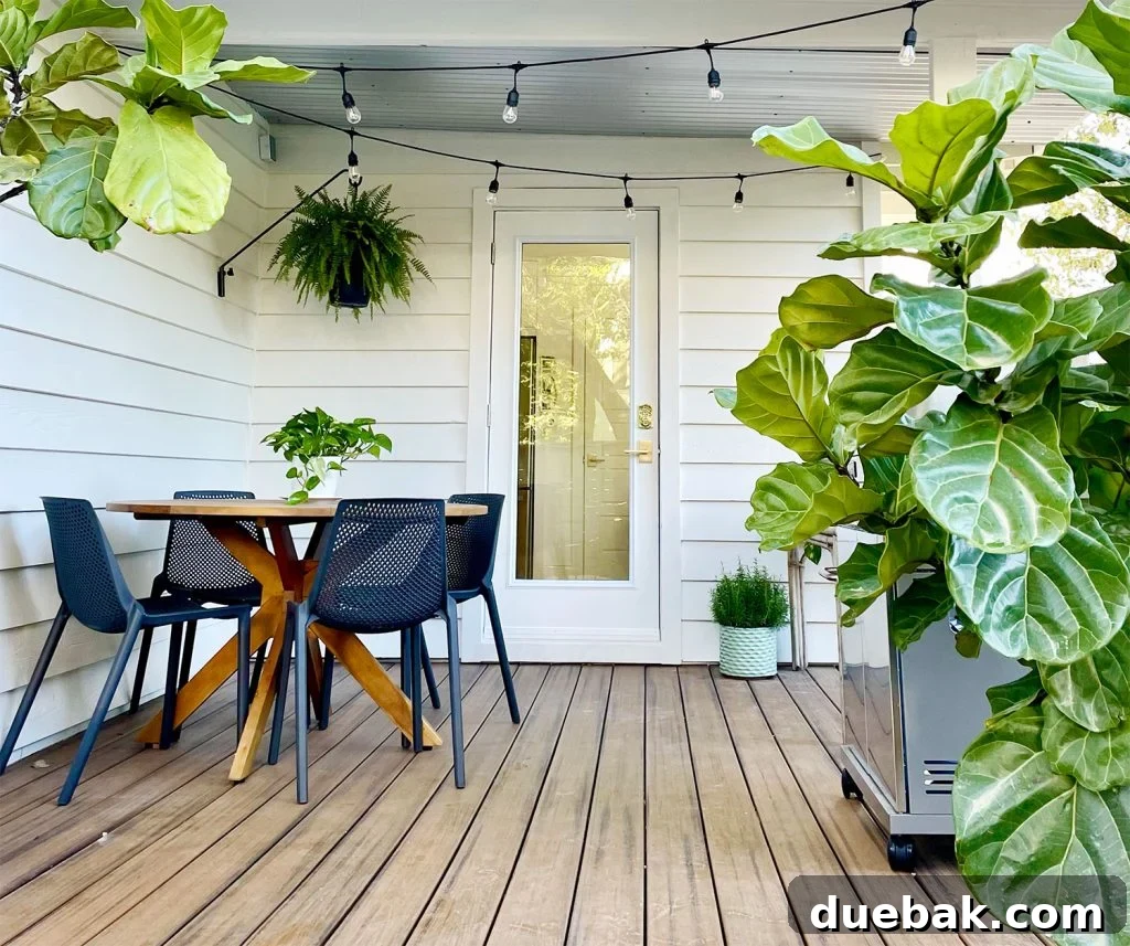 A charming covered kitchen porch with a round dining table, enchanting string lights, a lush hanging fern, and a sleek outdoor grill