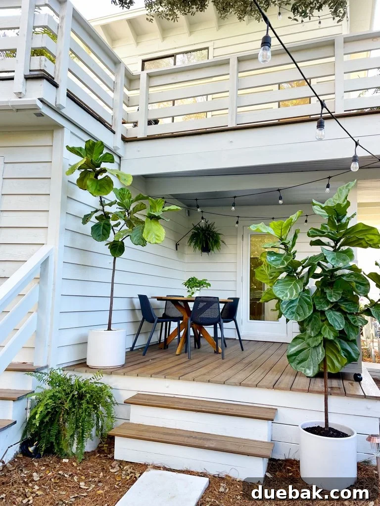 After photo from the same viewpoint, featuring a pristine white house, enchanting string lights, and flourishing fig trees, creating a welcoming outdoor ambiance