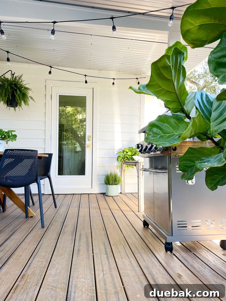 Empty space on the porch, ensuring easy passage between the dining table and the grill, leading directly to the new kitchen door