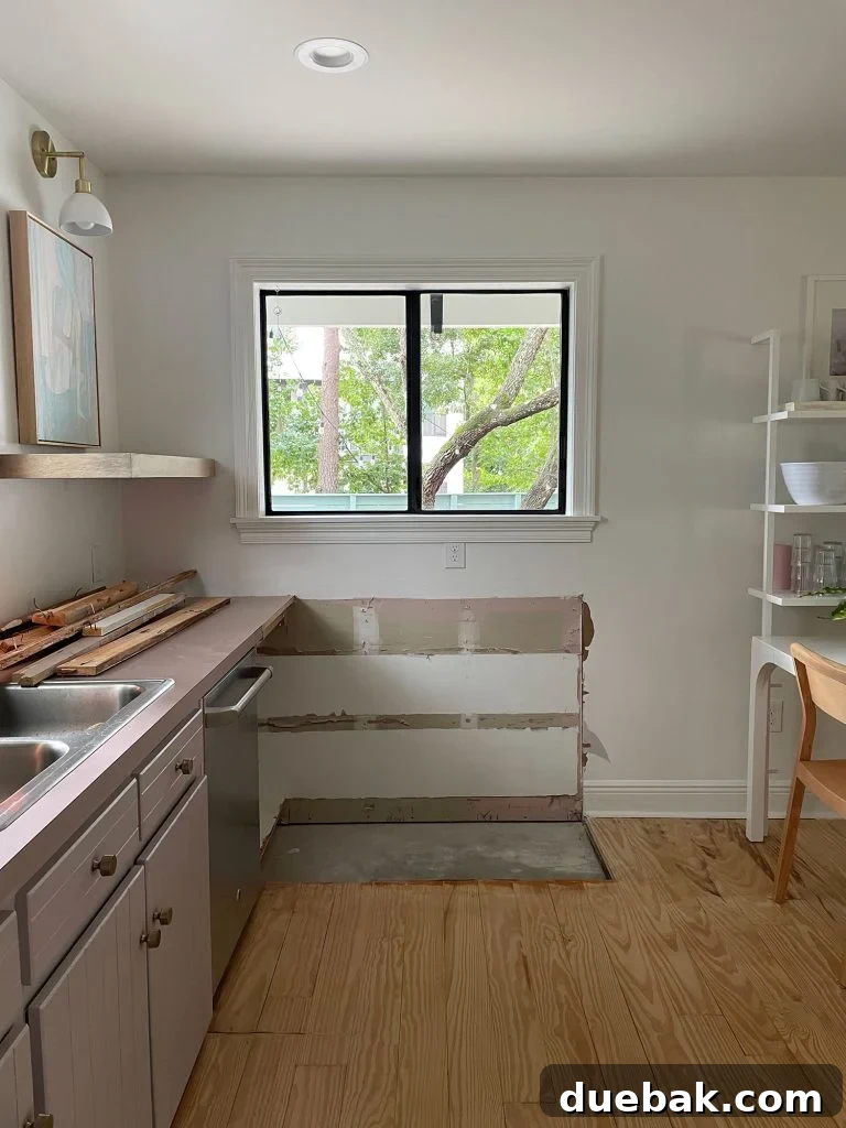 Photo taken from inside the kitchen, showing cabinetry torn out to make way for the new door installation, revealing a chaotic construction phase