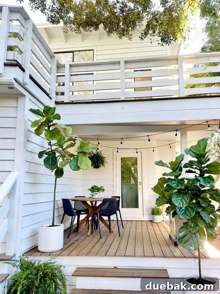 After photo showing the renovated side of the house with a pristine white exterior, twinkling string lights, and thriving fig trees