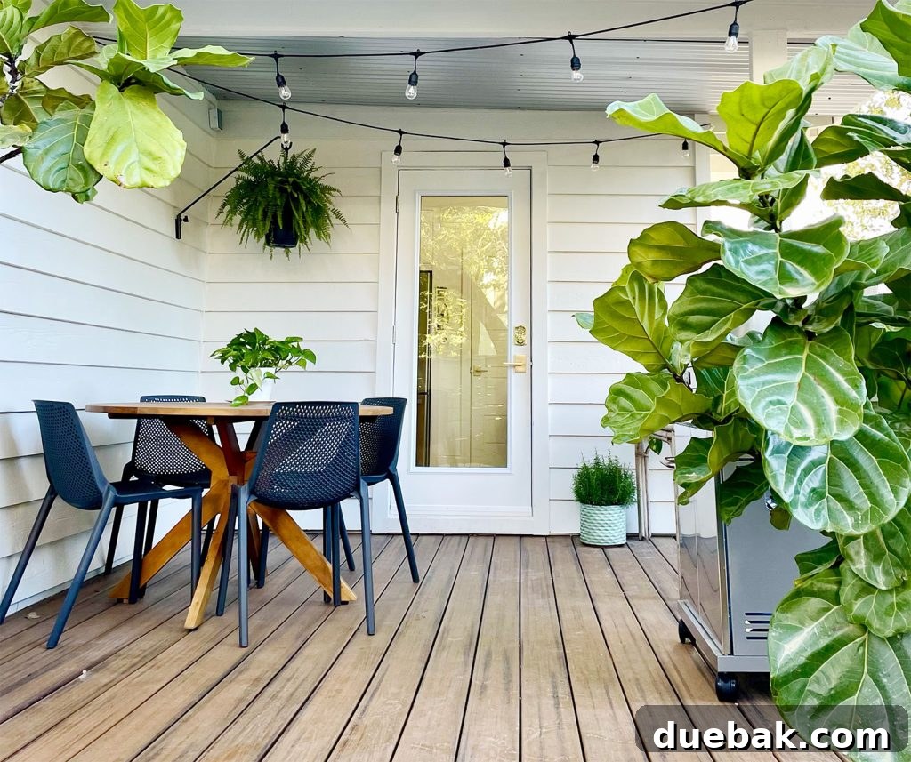 A beautifully adorned covered kitchen porch featuring a round dining table, twinkling string lights, a lush hanging fern, and a sleek grill