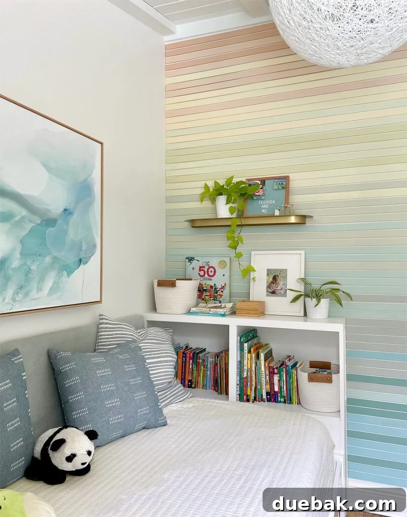 Small Kids Bedroom With Built In Bookcase And Colorful Wood Wall