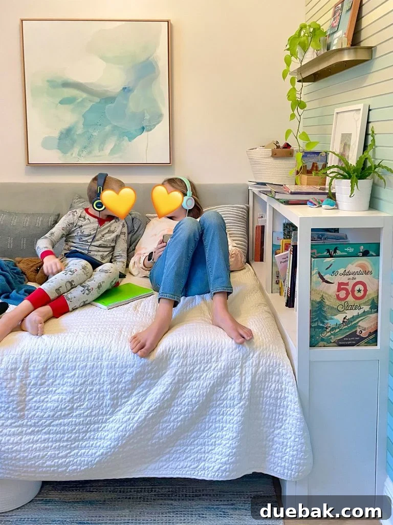 Built In Bookcase In Small Kids Room With Two Kids On The Bed