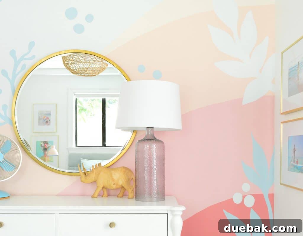 Colorful Beach Mural With Pinks And Blue Gradient In Girls Bedroom