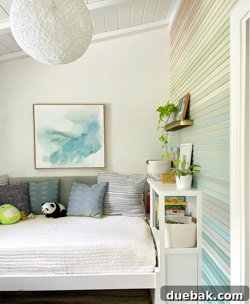 Small Kids Bedroom With Bed With Plush Headboard And Bookcase