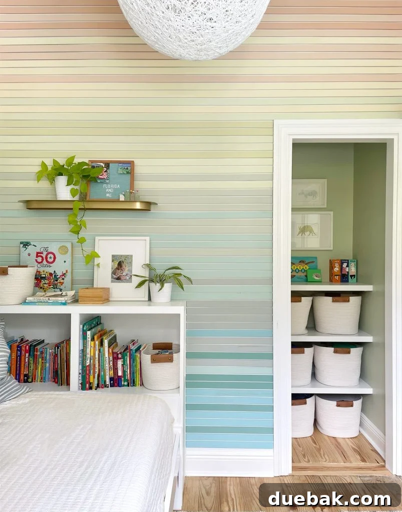 Kids Bedroom With Paneled Wall Full Of Colorful Slats And Custom Closet Shelves