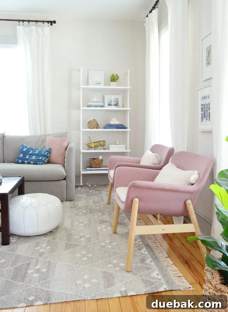 Rug Sizing Guide and Our Favorite Magic Rug Pick 15 Pink Ikea Chairs And Open Bookcase In Beach House Living Room