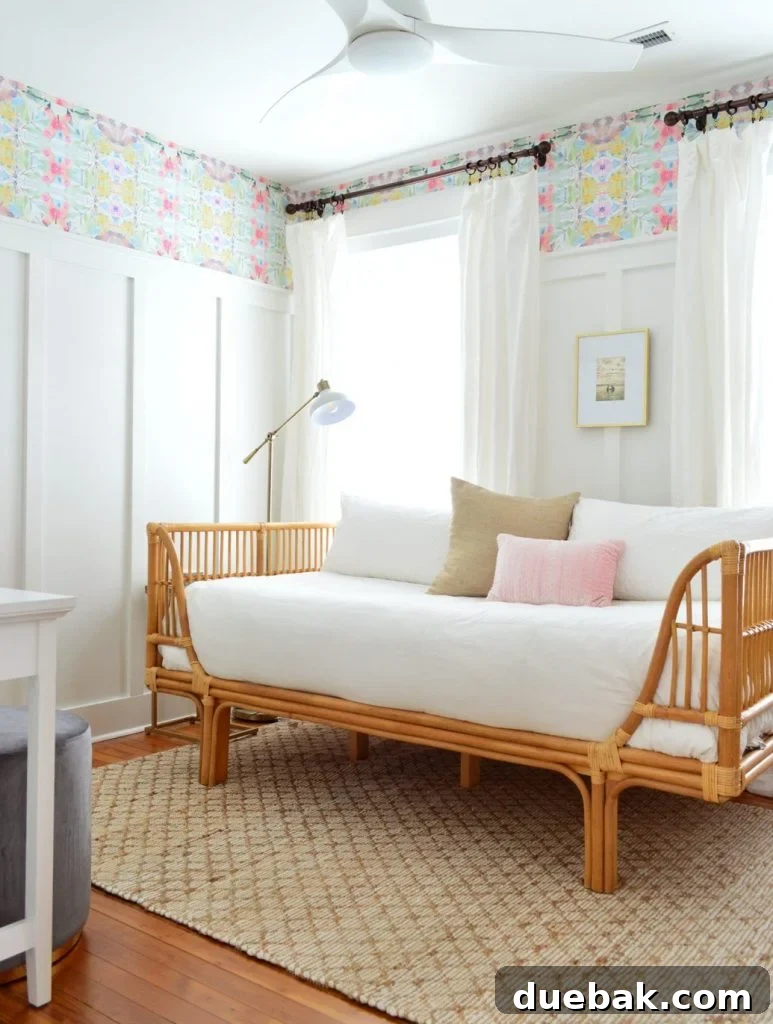 Rug Sizing Guide and Our Favorite Magic Rug Pick 17 Bedroom With Board And Batten Wallpaper And Rattan Daybed