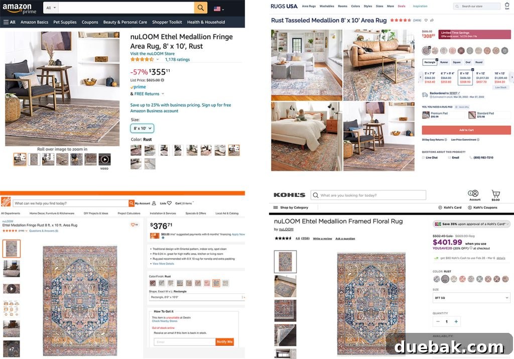Rug Sizing Guide and Our Favorite Magic Rug Pick 4 College Of The Same Rug On Various Websites Under Different Names | Amazon | RugsUSA | HomeDepot | Kohls