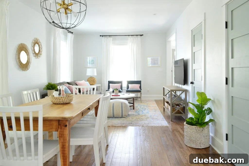 Rug Sizing Guide and Our Favorite Magic Rug Pick 7 Open Living And Dining Room With SW Oyster Bay Doors And Faux Fig