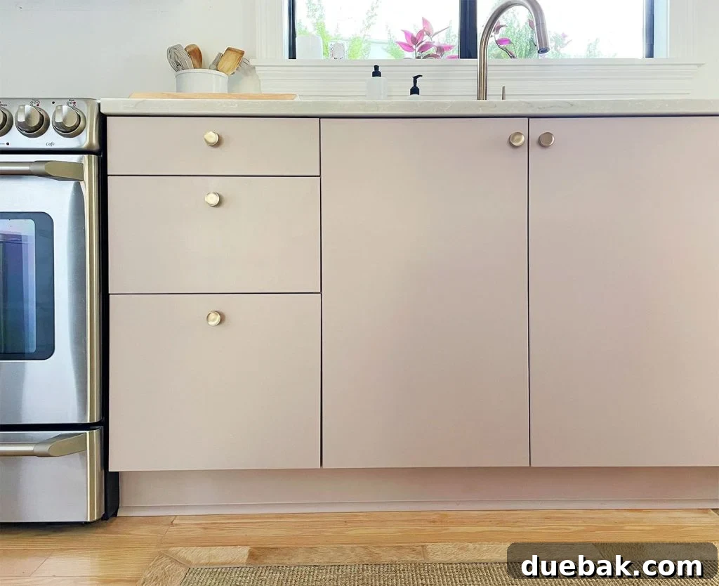 Mauve Painted Ikea VEDDIGNE Cabinets With Brass Hardware Detail