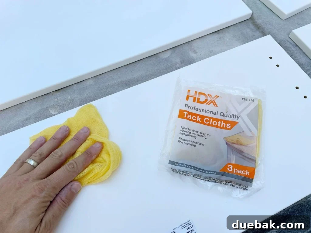 Wiping Dust Off White Cabinet Door With Tack Cloth
