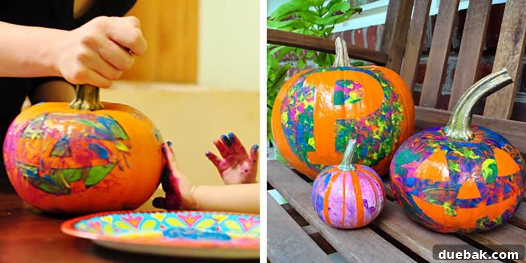 6 Creative Pumpkin Decorating Ideas Kids Will Love 4 Kid Friendly Pumpkin Decorating Idea With Finger Painting Over Painters Tape Stencil