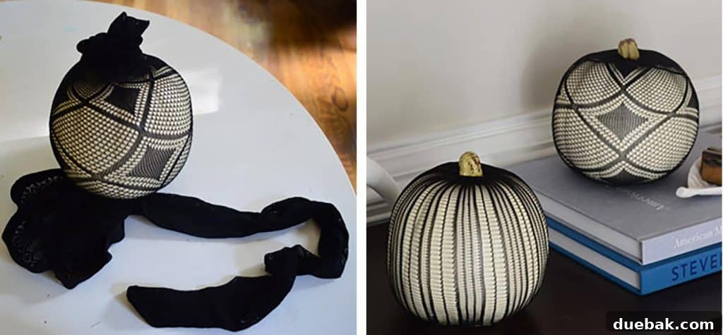 6 Creative Pumpkin Decorating Ideas Kids Will Love 7 Spooky Halloween Pumpkin Idea With Black Panty Hose Pulled Over White Faux Pumpkin