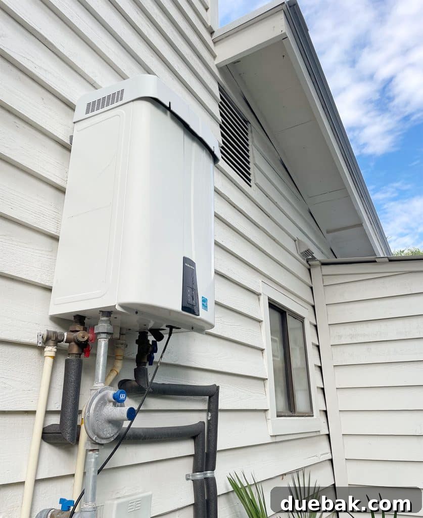 Outdoor gas water heater mounted to the siding of Florida home