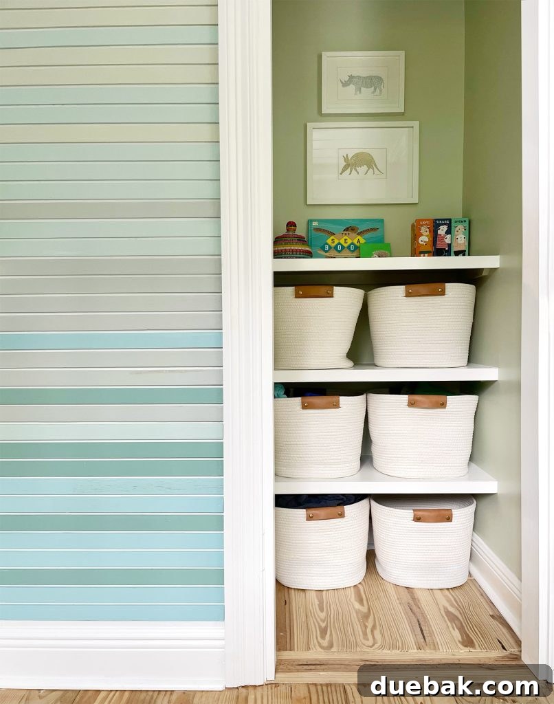 Painted Closet With Custom DIY Shelves And Art Hanging Above Them