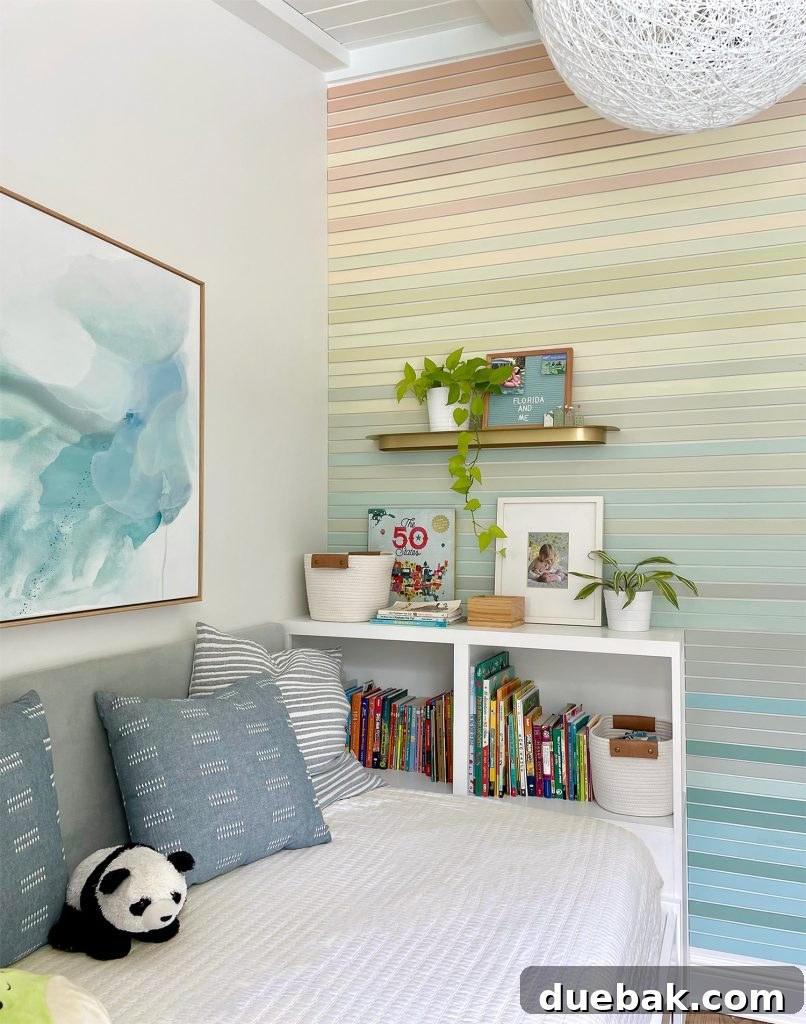 Small Kids Bedroom With Built In Bookcase And Colorful Wood Wall