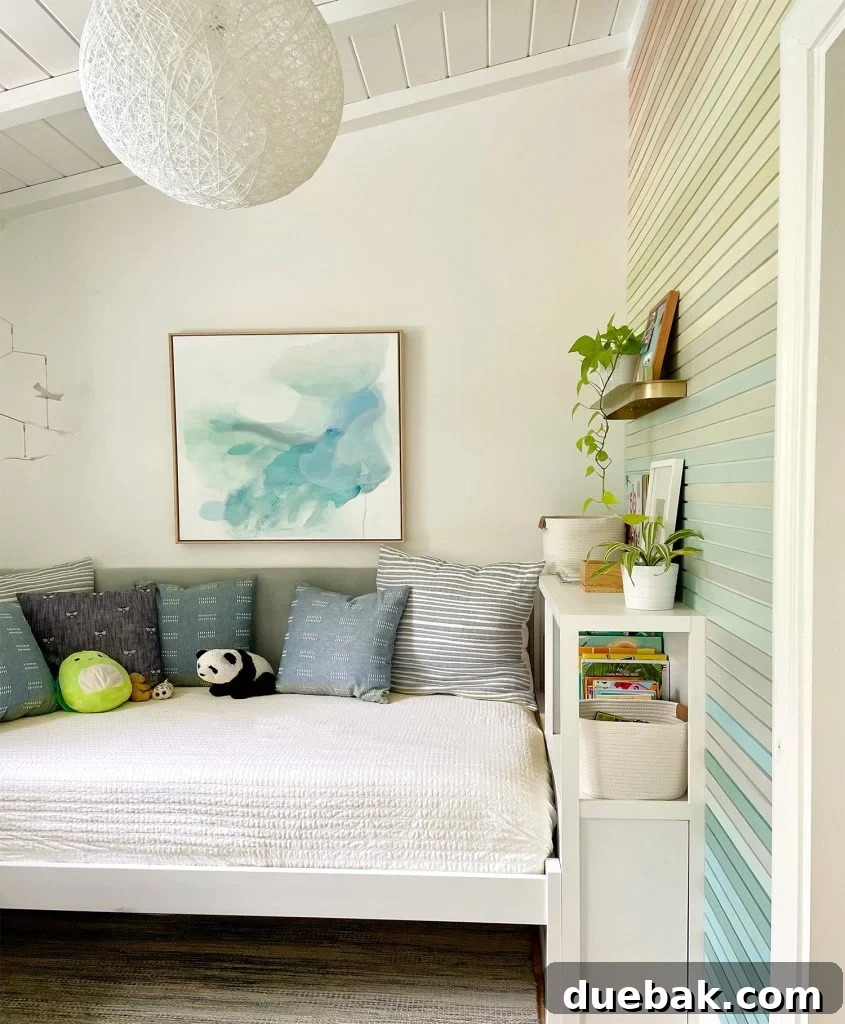 Built-In Bookcase Next To Bed With Upholstered Headboard In Kids Room With Vaulted Ceiling