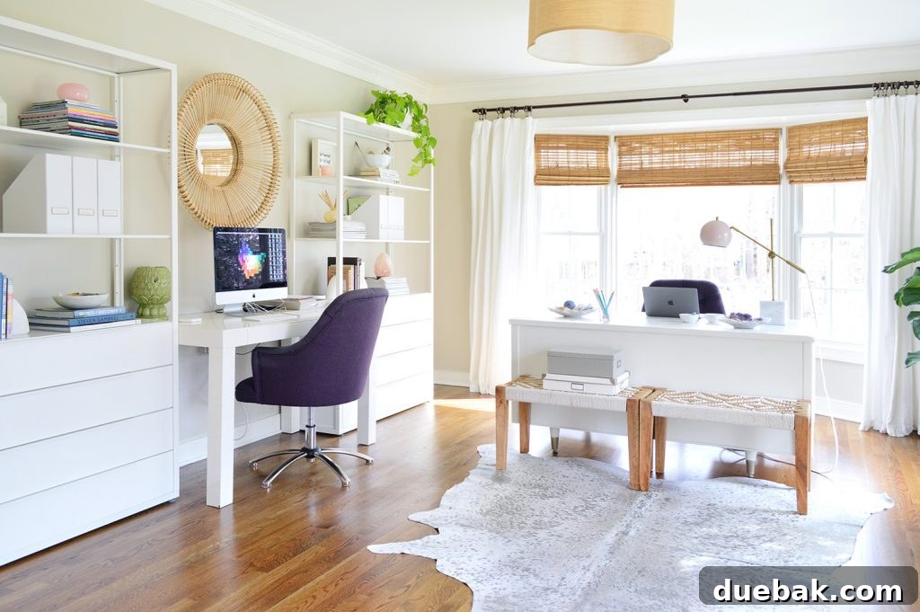 Modern office with Ikea Fjalkinge shelves and two desks with Edgecomb Gray walls