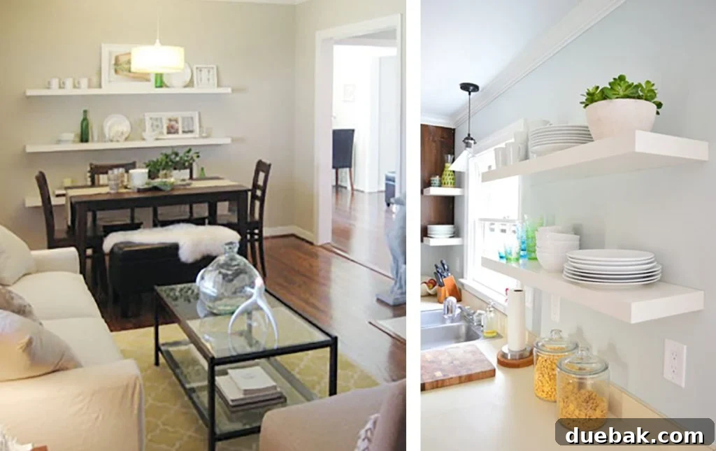 Side by Side of White Ikea Lack Shelves In Dining Room And Kitchen
