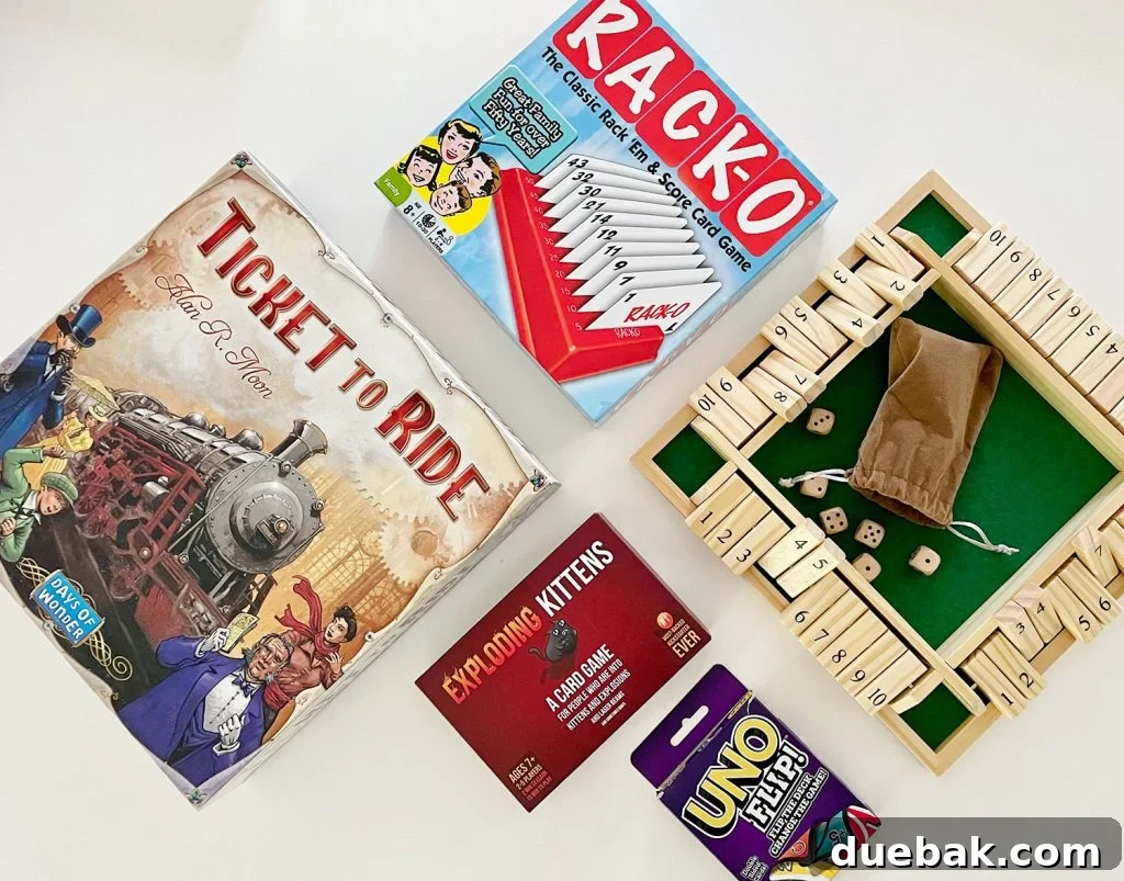 Best 2 or 3 Person Board Games Ticket To Ride RackO Shut The Box Exploding Kittens Uno Flip