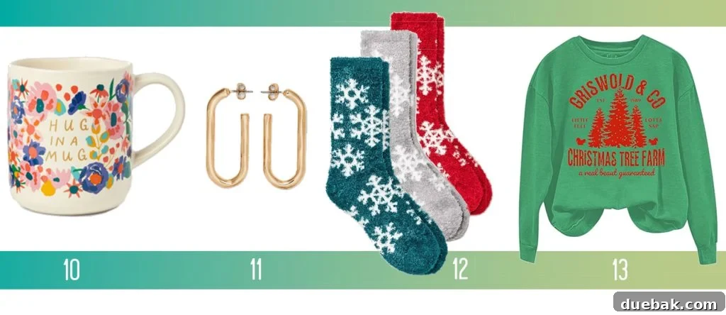 Affordable Holiday Gifts Ideas Hug In A Mug Gold Earrings Cozy Socks Griswold Sweatshirt