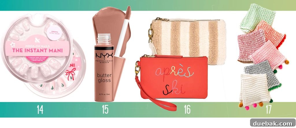 Affordable Holiday Gifts Ideas Olive And June Press On Nails Butter Gloss Makeup Apres Ski Clutch Dishcloth Set