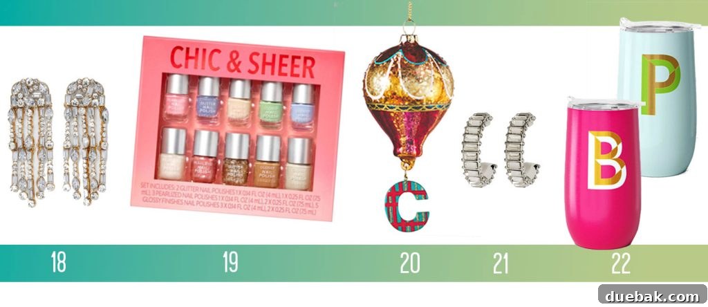 Affordable Holiday Gifts Ideas Earrings Nail Polish Kit Hot Air Balloon Ornament Monogramed Tumbler Mugs