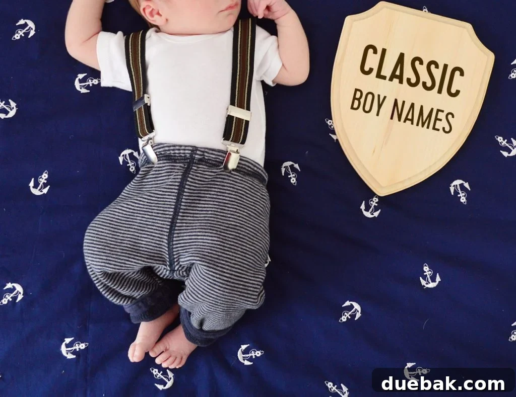 Newborn Baby Boy Laying On Blue Blanket With Plaque Reading Classic Boy Names